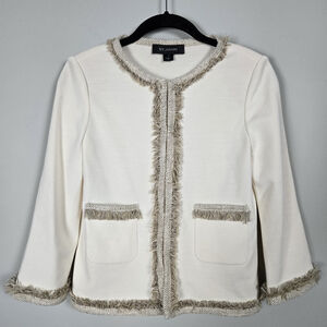 St John Womens Fringe Santana Knit Jacket Size 2 Cream Wool Old Money Preppy